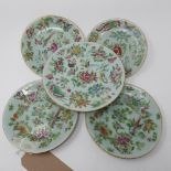 Five late 19th century Chinese celadon plates decorated with flowers and butterflies, largest 22cm
