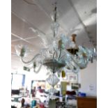 An early 20th century ornate 6 branch Venetian clear-glass chandelier, together with a pair of