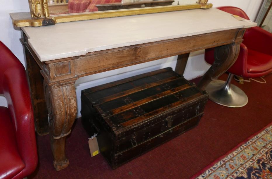 A Victorian oak carved console table, cabriole supports, with later top, raised on paw feet, H.80