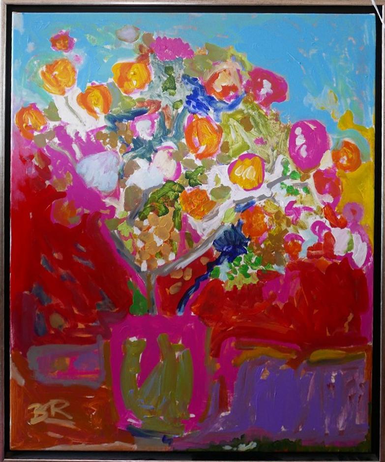 Contemporary study of flowers, acrylic on canvas, signed 'B.R.', H.85.5cm W.71cm