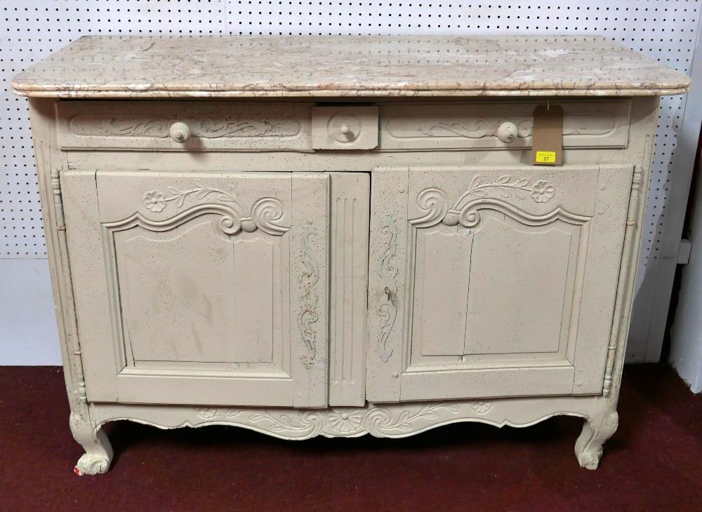 An 18th century French Louis XV grey painted side cabinet with marble top, having two drawers