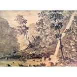 A sepia wash and ink study of a waterfall and forest landscape, unattributed with labels to reverse,