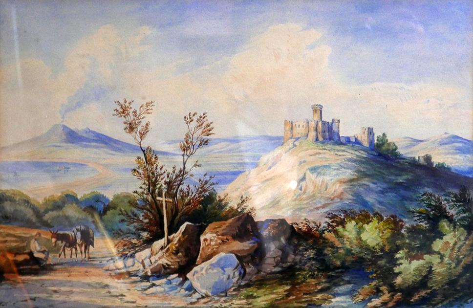 Unsigned, A framed early 20th century watercolour on paper depicting a rocky landscape with castle - Image 2 of 2