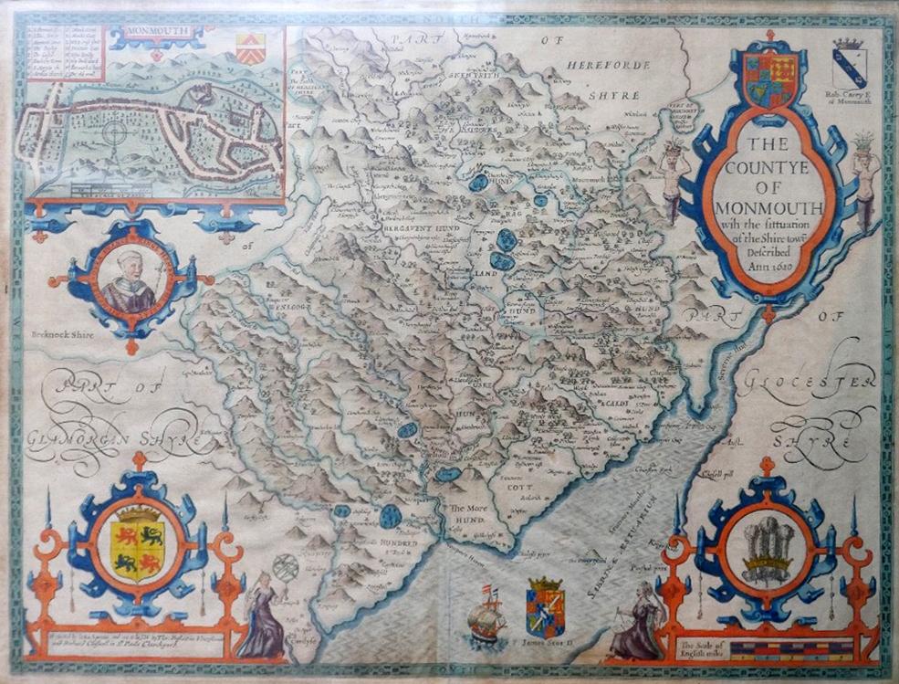 John Speede (1551-1629), a hand-coloured map of the County of Monmouth, framed and glazed, 40 x 52cm