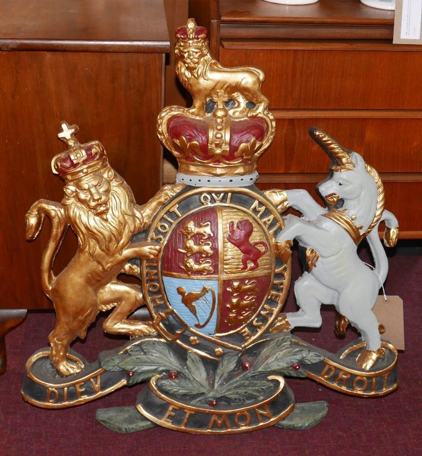 A painted plaster armorial crest, 75 x 69cm