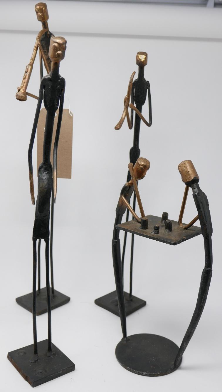 A bronze figure group, games players and three others of musicians by Theo Rypstra, tallest 53cm