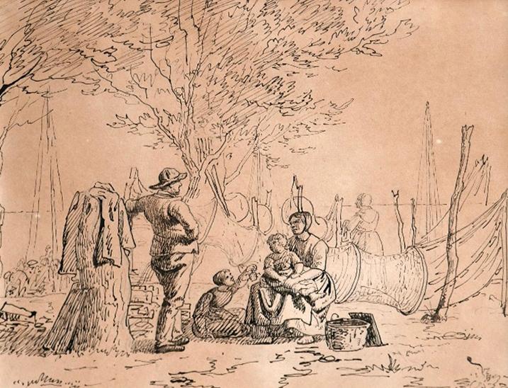 An ink sketch of fisher folk, attributed to Wilhelm Marstrand, Danish artist, H.19 W.24cm