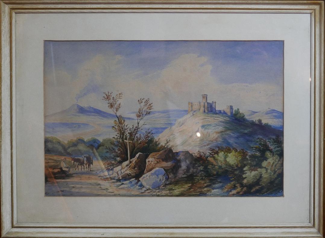 Unsigned, A framed early 20th century watercolour on paper depicting a rocky landscape with castle