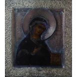 A Russian icon of the Mother of God, tempera on wood panel, with brass and white metal oklad with