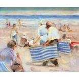 Pauline Brown (b.1926), British seaside scene of bathers and deck chairs, oil on board, signed 12