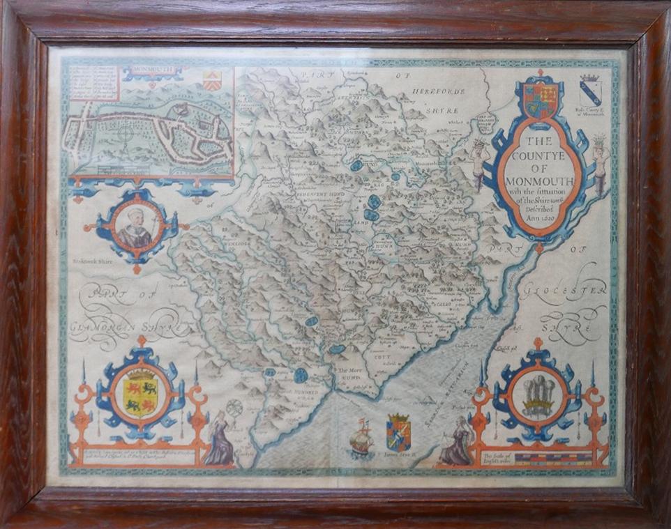 John Speede (1551-1629), a hand-coloured map of the County of Monmouth, framed and glazed, 40 x 52cm - Image 2 of 3