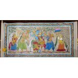 An Indian hand painted scroll, decorated with Deities and attendants within stylised floral borders,