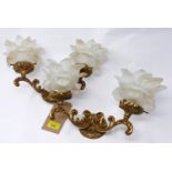 A pair of early 20th century brass wall lights with opaque floral glass shades
