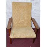 A mid 20th century Danish teak reclining armchair, with cream floral upholstery, on square legs