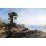 A 19th century gilt framed oil on canvas, Italianate landscape with figures to the foreground,