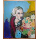 20th century school, A lady amongst flowers, oil on canvas, monogrammed BR to lower left, in