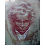 A red and white chalk portrait of Beethoven, in giltwood frame, 34 x 28cm