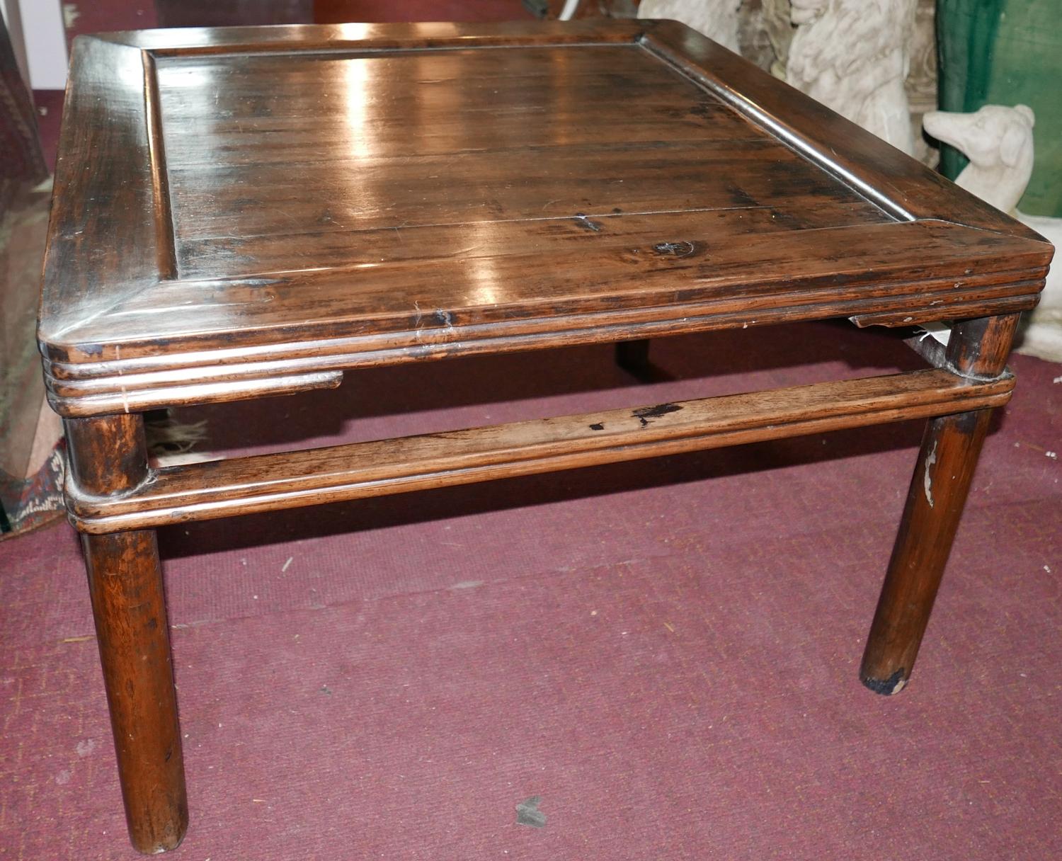 An early 20th century Chinese hardwood low table with a square-shaped top and ribbed side detailing, - Image 2 of 4