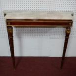 A Louis XVI style mahogany and gilt metal mounted console table, with variegated marble top, on