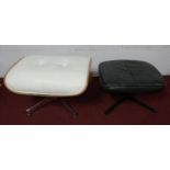 A Charles Eames style bent plywood and white leather lounger footstool, with five star chrome