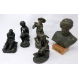 A collection of 5 figurines to include a verdigris bust of Aphrodite on a wooden plinth base 20 x 13
