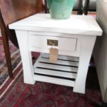 A pair of contemporary white painted teak lamp tables with single drawers and slatted under tiers