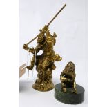 A gilt metal figure of the Monkey King, H.15cm, together with a gilt metal monkey on a circular