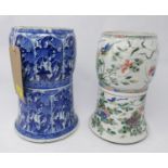 Two 19th century, Chinese, hand-painted porcelain stands, both on flat circular bases, one decorated