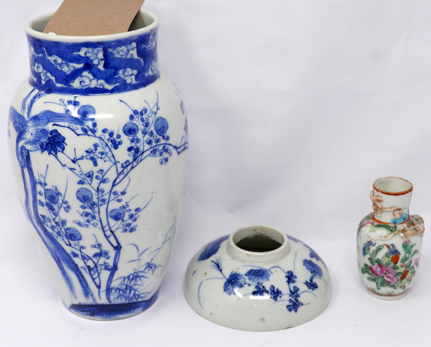 Three 19th century, Chinese porcelain items to include a blue and white hand-painted vase