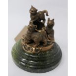 A Russian bronze of cats on a laundry basket, bearing marks, attached to stepped green marble