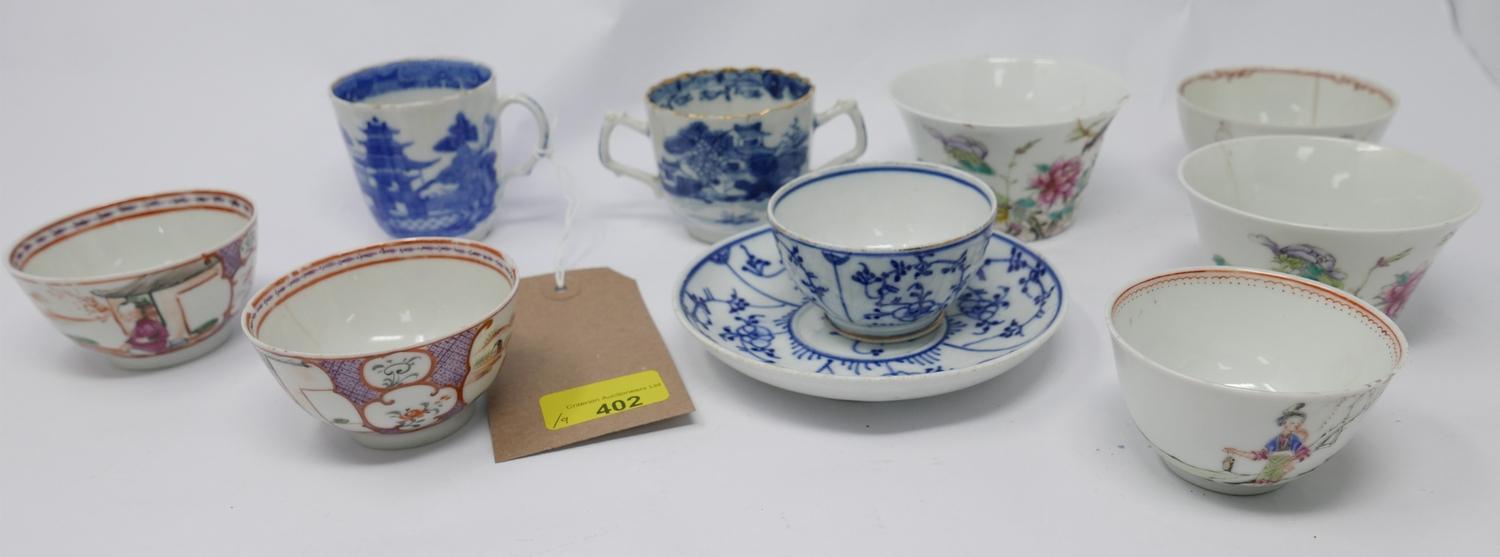 A collection of nine 18th/19th century Chinese porcelain tea bowls and two blue and white cups,