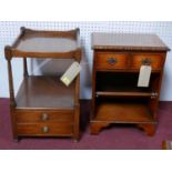 A Georgian design burr elm and inlaid bedside cabinet, with two small drawers above shelves, on