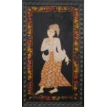 A large framed Burmese kalaga, standing woman, H.120 W.63cm