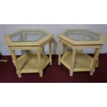 A pair of glass topped hexagonal side tables. H.53cm