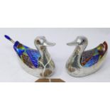 A pair of Korean, 99 silver and brightly-coloured enamel salts of duck form, one with enamelled