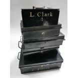 Five early 20th century black enameled deed/safe boxes