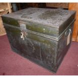 A late 19th/early 20th century Milner & sons black enameled safe box, with key, H.43 D.60 D.46cm