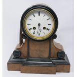 An early 20th century French walnut and part ebonized mantle clock, H.28 W.26 D.11cm
