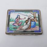 A Persian, early 20th century, white metal and hand enamelled cigarette case, the top adorned with a