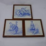 WITHDRAWN- Three Delft style blue and white tiles, comprising one of two maidens, 16.5 x 16.5cm,