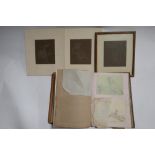 A 19th century sketchbook with pencil sketches, watercolours and engravings, together with three