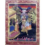 A Indian painting on textile of three ladies and a Hindu Deity by a pagoda with waterfalls to