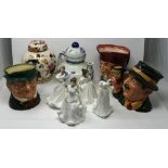Three Royal Doulton character jugs together with four Royal Doulton figurines, a Delft tea pot and a