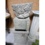 Two stone garden jardinieres and a stone pedestal. tallest 40cm