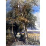 Early 20th century school, A man on a horse riding down a tree lined road with his dog, watercolour,