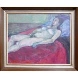 A oil on canvas of a nude lady on a bed, unsigned, framed, 48 x 59cm