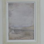 An early 20th century watercolour of a seascape with mountains to background, 20 x 12.5cm, with a