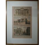 A 19th century hand-coloured engraving of three London Hospitals, 33 x 20cm