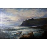 Late 19th century British school, seascape with castle above cliffs, oil on canvas, unsigned, in oak