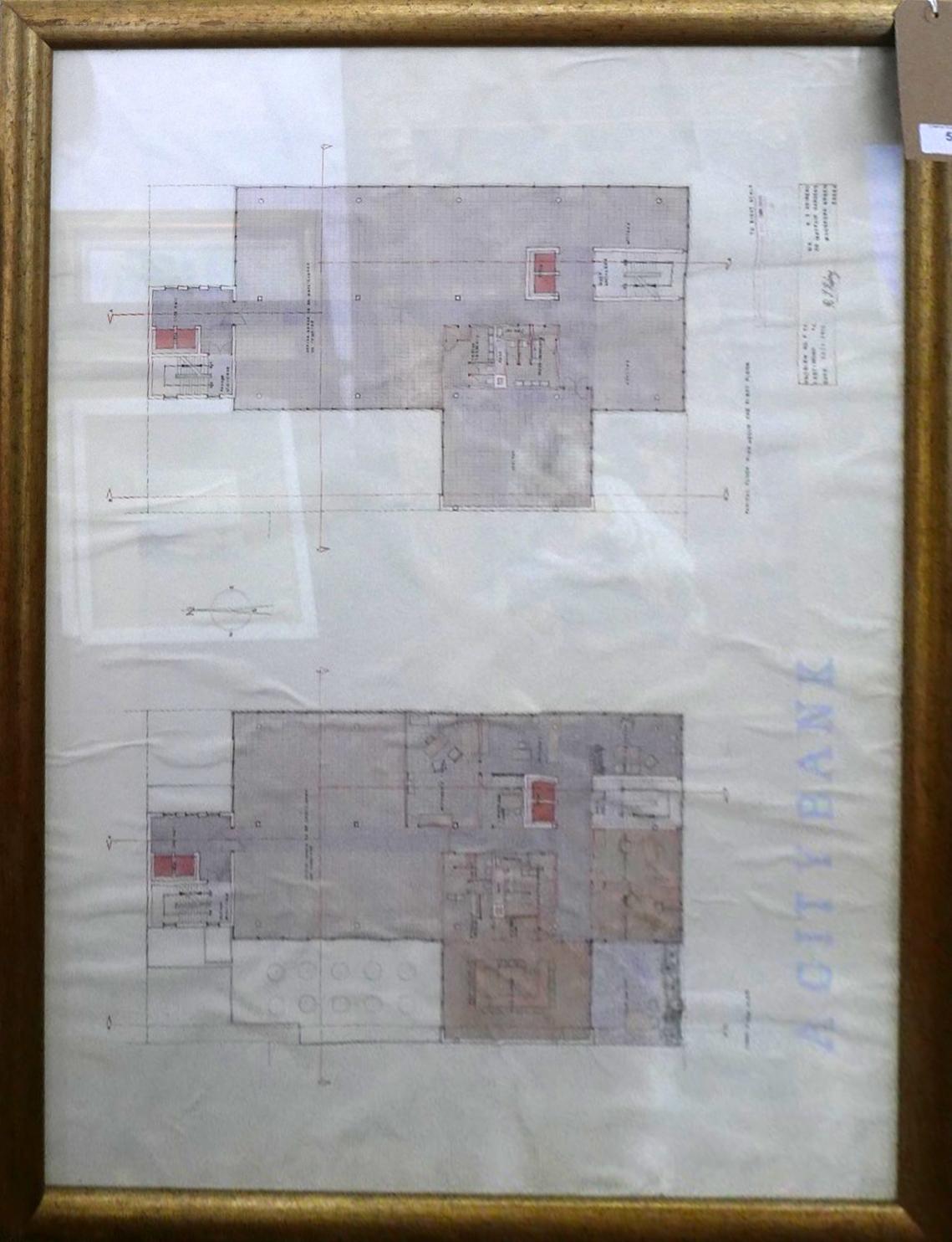 A architectural floor plan for a city bank, watercolour and pencil, bears stamp for the Department